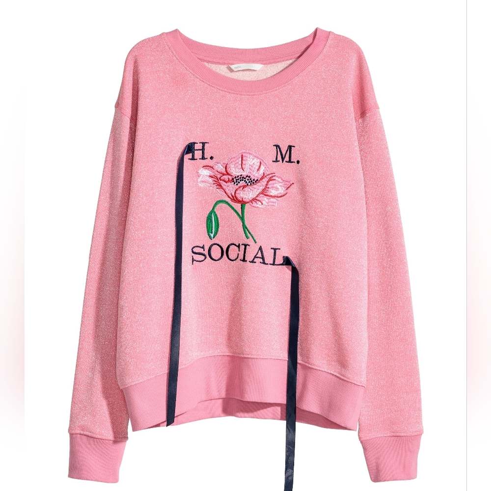 H&M Pink Metallic Shimmer Embroidered Poppy Floral Ribbon Sweatshirt L - Picture 4 of 6